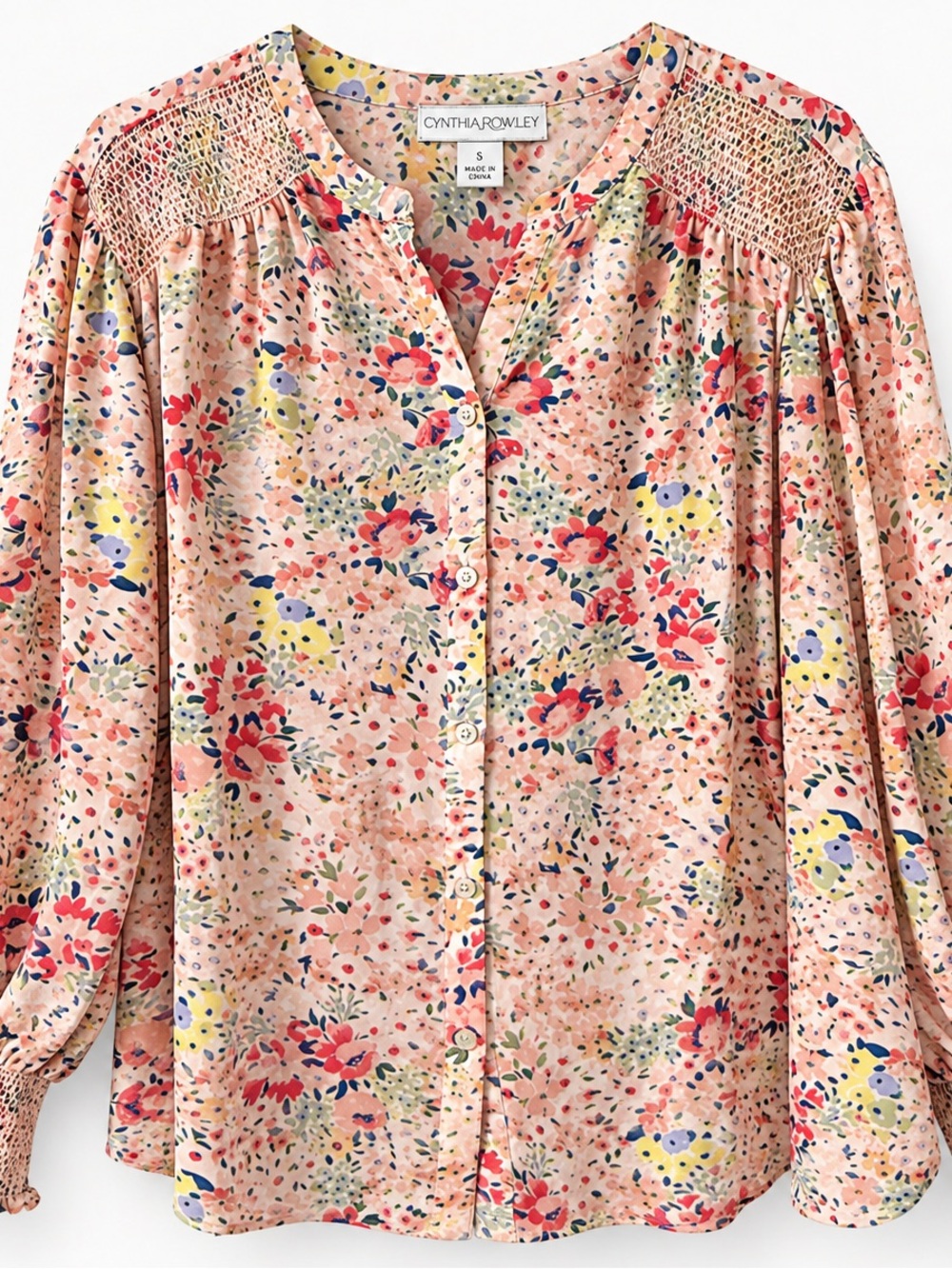 Cynthia Rowley Peach Floral Button-Front Blouse with Pink, Yellow & Blue Accents